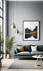 Interior Design Mockup with Living Room and Mountain Artwork