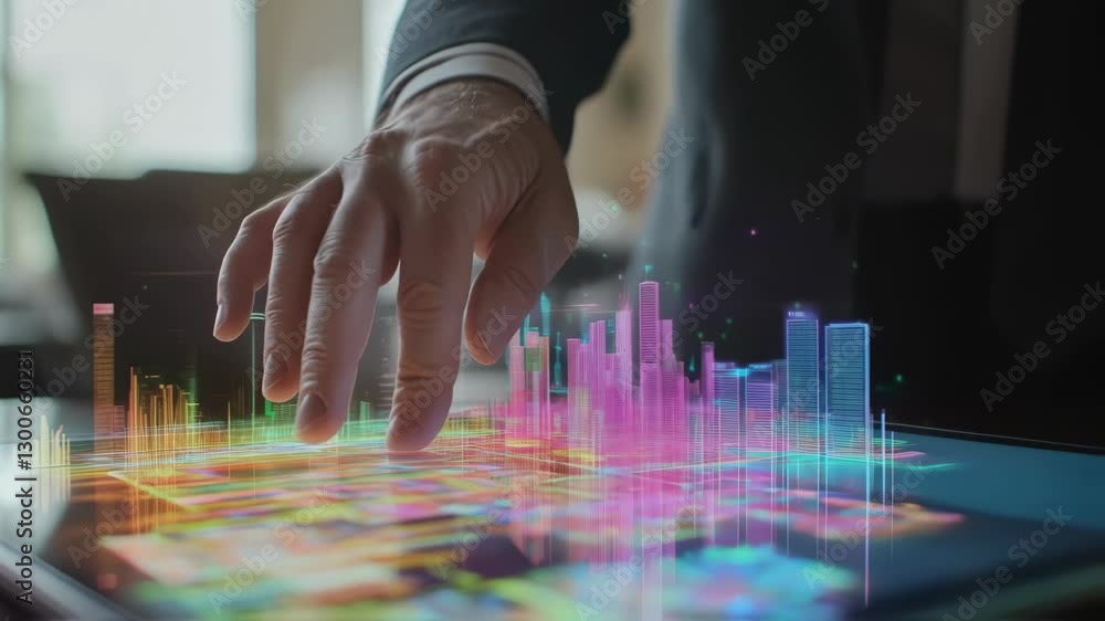 Poster businessman interacts with a holographic projection of a colorful city model displayed on a tablet, 