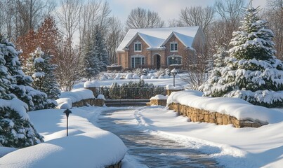 Snowy winter scene showcasing a brick home and snow-covered landscape.