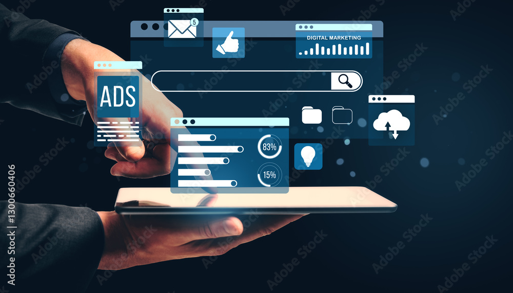 Poster digital marketing and online advertising interface with analytics and social media icons on a tablet