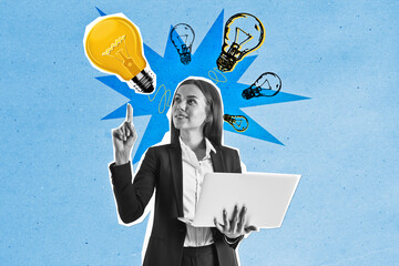 Businesswoman with laptop pointing at glowing lightbulb, symbolizing creativity and innovation.