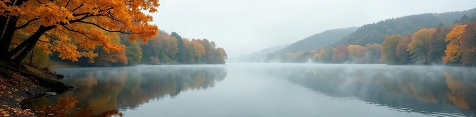 Misty lake in autumn with yellowing leaves and grey sky, water, autumn leaves, forest