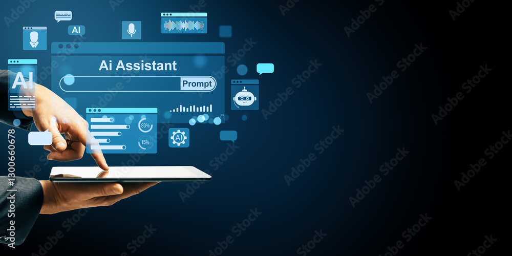 Poster Hand using tablet with AI Assistant interface on dark background.