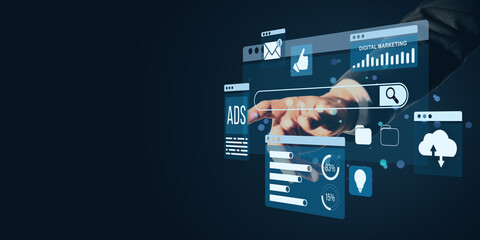 Digital marketing interface with ads and analytics on a futuristic screen.
