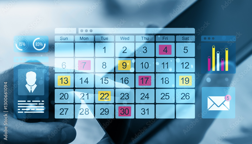 Poster Digital calendar interface with business metrics on a tablet screen.