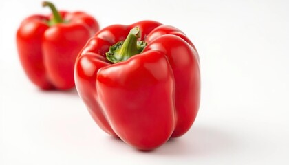 Single vibrant red bell pepper, perfectly isolated on pure white backdrop, fresh, glossy