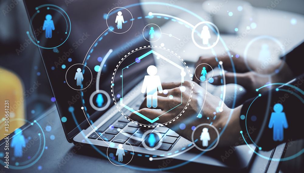 Poster digital network concept with hologram icons on laptop screen.