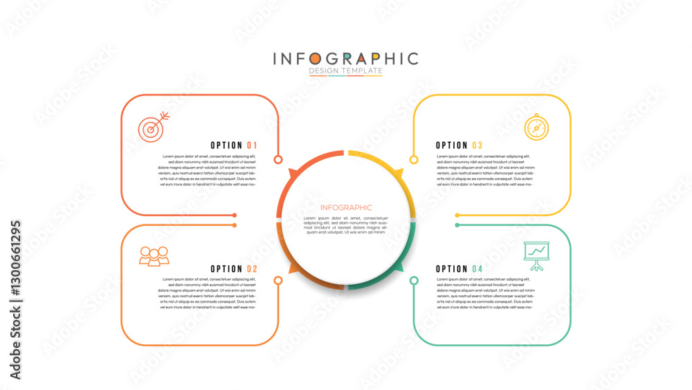 Aufkleber 4 colorful elements with linear icons and place for text inside placed around circle. concept of str