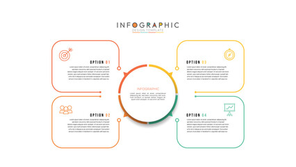 4 colorful elements with linear icons and place for text inside placed around circle. Concept of strategic planning technique. Infographic design template. Vector illustration.