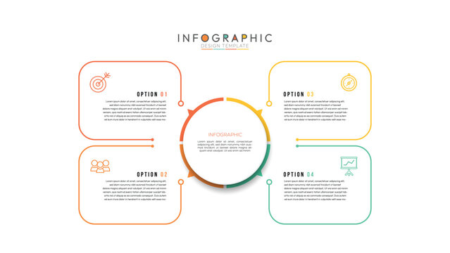 4 colorful elements with linear icons and place for text inside placed around circle. Concept of strategic planning technique. Infographic design template. Vector illustration.