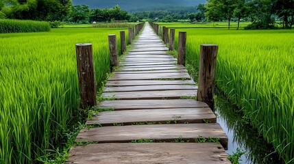 Obraz premium Wooden Path Through Lush Green Rice Paddy - Nature and serenity