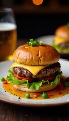 Tapa de hamburguesa res con queso en un plato de madera y decorado, dise?o, plato, restaurante