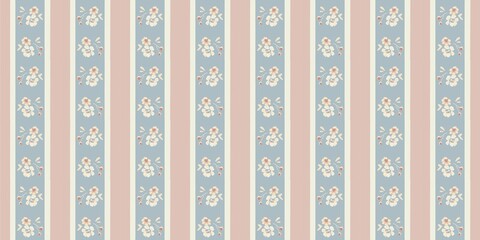 
Pattern flowers seamless. Delicate flowers on a pink stripes. Delicate, pastel print. For fabric, paper gift, textile, fashion design, home decor. Vintage style, retro, boho.