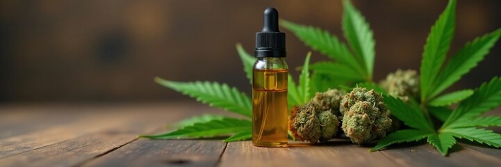 Vape cartridge with CBD oil fluid in front of hemp bud on wood, extract, cannabis