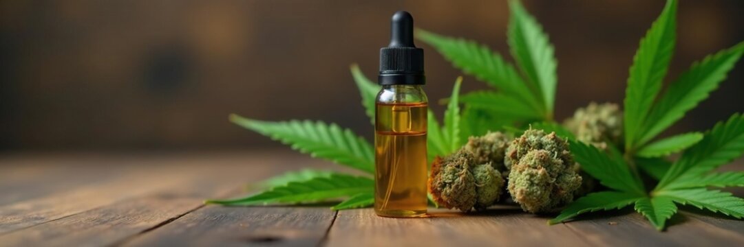 Vape cartridge with CBD oil fluid in front of hemp bud on wood, extract, cannabis
