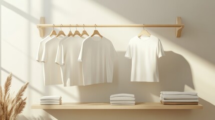 Photorealistic display of blank clothing items, carefully arranged for a high-end apparel mockup.