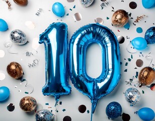Blue balloon number 10 for tenth birthday or anniversary party. White background with confetti