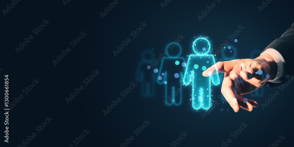 Poster hand selecting a hologram icon of a person from a group.