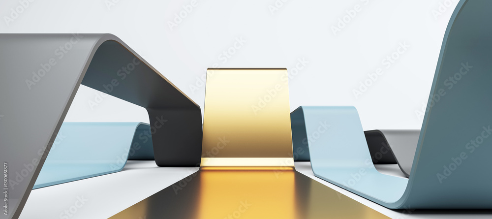 Aufkleber Abstract geometrical background with metallic curved structures in gold, blue, and gray tones. 3D Rendering