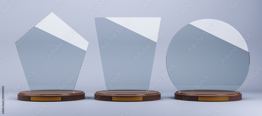 Poster transparent glass trophy set with wooden bases on gradient background. 3d rendering