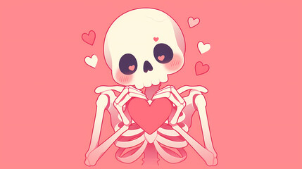 Playful cartoon skeleton holding a heart surrounded by floating hearts on a pink background