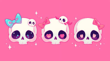 Obraz premium Playful and colorful illustration of three cute skulls with bows on a vibrant pink background