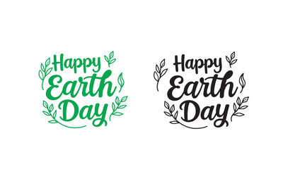 Happy Earth Day hand lettering logo decorated by leaves. Earth Day typography logo. Earth Day enviromental and eco activism vector concept