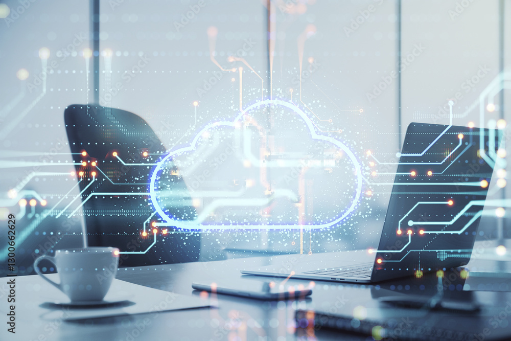Poster cloud computing concept with digital overlay on office background.