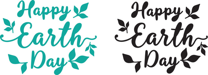 Happy Earth Day hand lettering logo decorated by leaves. Earth Day typography logo. Earth Day enviromental and eco activism vector concept