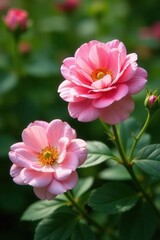 Delicate rose pink blooms, lush green foliage, garden setting , high-resolution, spring