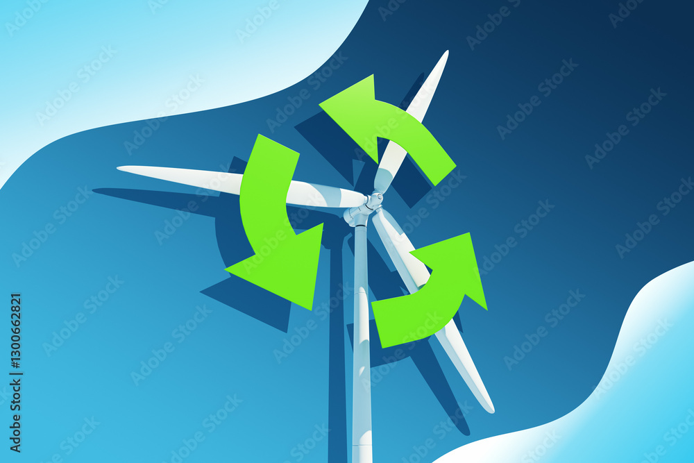 Poster windmill with green arrows indicating energy flow. 3d rendering