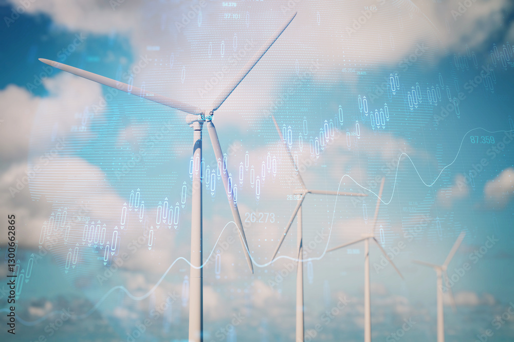Poster Wind turbines with digital financial data overlay on a cloudy sky background.