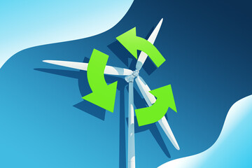 Windmill with green arrows indicating energy flow. 3D Rendering