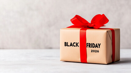  Black Friday 2026 gift box with red ribbon.