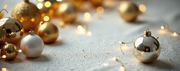 Gold and silver ornaments scattered on a festive tablecloth, sparkling, silver