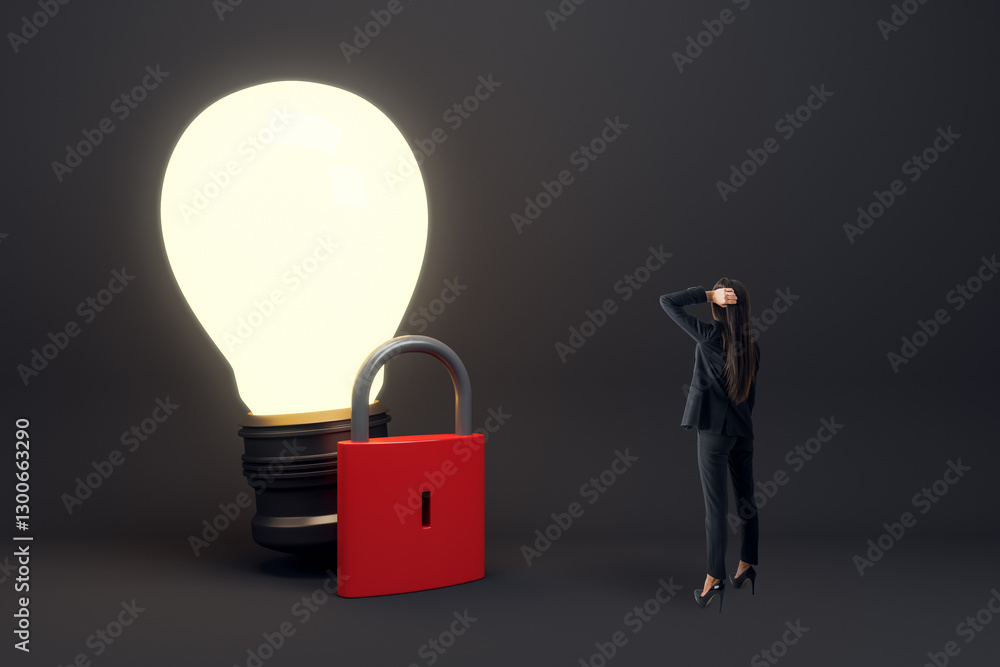 Poster businesswoman looking at a glowing lightbulb with a red padlock on a dark background. concept of sec