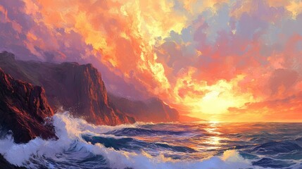 Fototapeta premium A sweeping view of cliffs bathed in golden light, overlooking the crashing ocean waves below, framed by a colorful sunset sky