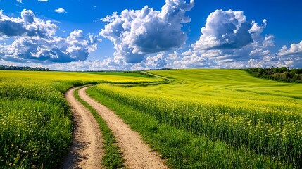 Obraz premium Sunny Country Road, Yellow Field, Blue Sky - Nature photography