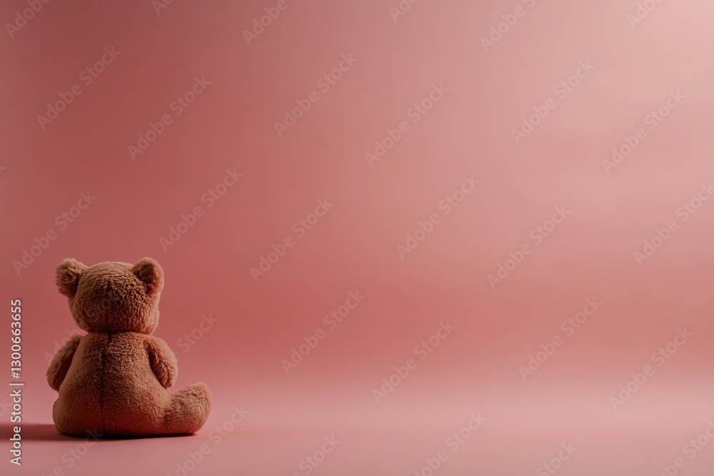 Poster A soft teddy bear is positioned upright on a pale pink backdrop, casting gentle shadows that enhance its playful charm and create a minimalistic aesthetic