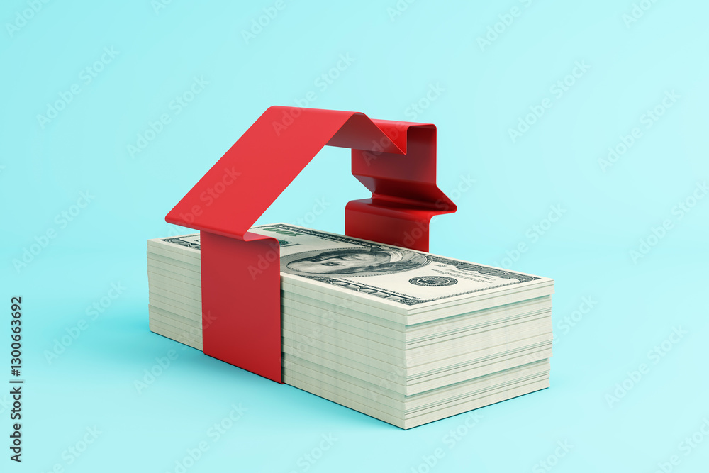 Poster Stack of dollar bills with a red ribbon forming a house shape. 3D Rendering
