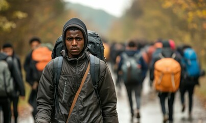 Fototapeta premium Man walking with determination surrounded by people and backpacks.