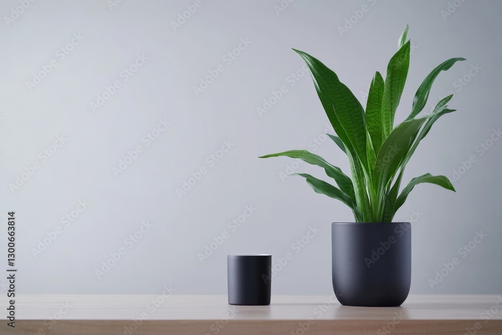 Aufkleber front-facing shot showcases a sansevieria plant in a sleek black pot. the minimalist setting emphasi