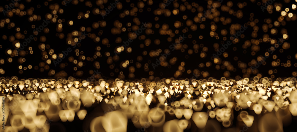 Poster Golden bokeh lights with sparkling particles on a dark background. 3D Rendering