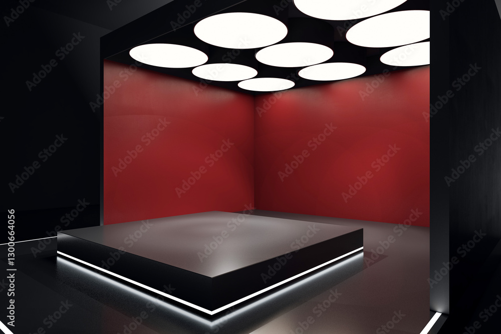 Poster modern stage with black podium and red walls in dark interior. 3d rendering