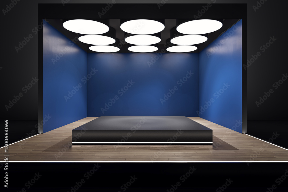 Poster modern stage with dark platform and blue walls in illuminated interior. 3d rendering