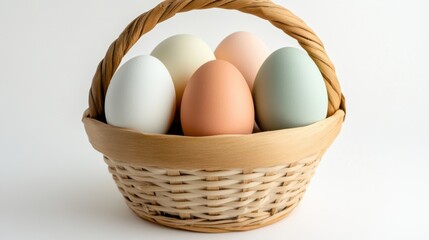 A delicate wooden basket packed with multicolored eggs with a soft sheen, placed on a white background