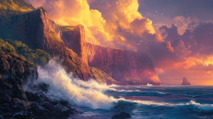 Fototapeta premium A vibrant coastal scene featuring a dramatic cliffside bathed in golden light, with waves crashing and spraying below the rocks
