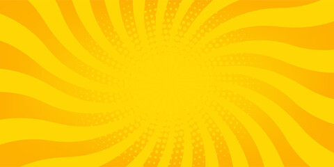Obraz premium Abstract orange comic background. Art pop cartoon backdrop. Halftone effect pattern. Fun anime texture. Starburst manga style bg. Mark popart radial gradient. Spiral, swirl, comic rays.