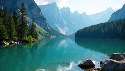 Fototapeta premium Crystal clear mountain lake surrounded by towering pines, mist rising gently , ecosystem, picture, alpine