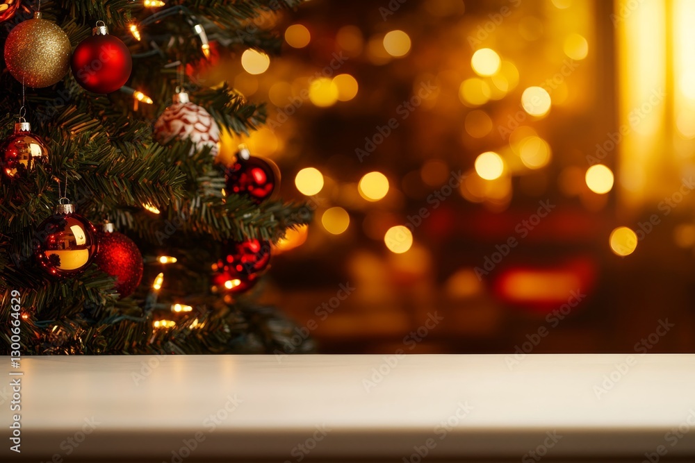 Aufkleber Empty white table in front of a softly illuminated Christmas tree, adorned with colorful ornaments, creating a perfect backdrop for holiday product promotion